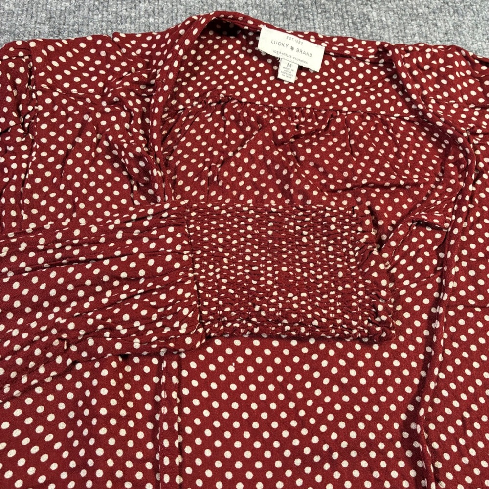 Lucky Brand Polka Dot Blouse Womens M Burgundy Red Smocked Cuff Top